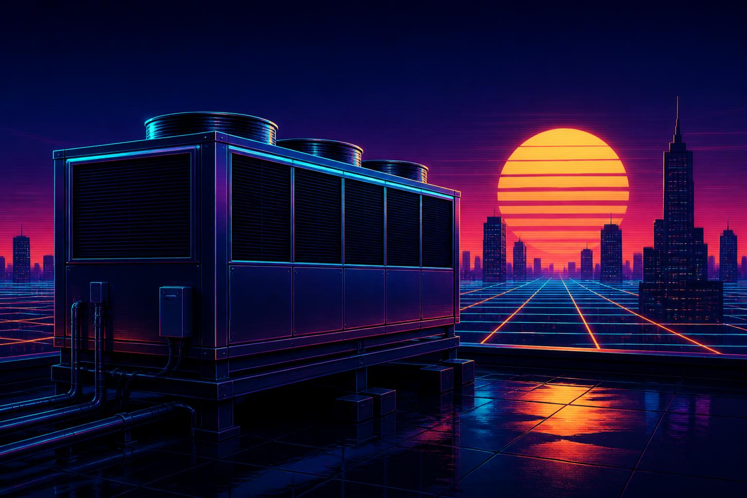 Retro-futuristic rooftop commercial HVAC unit over a neon city skyline